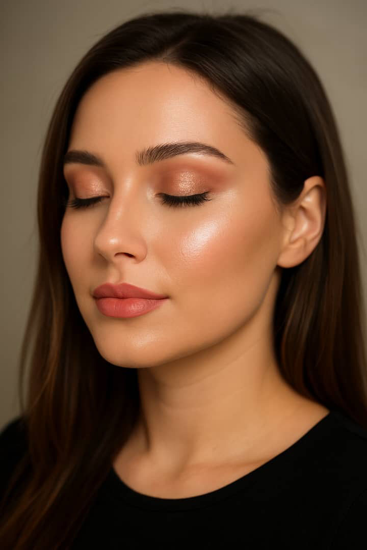 نمای نزدیک صورت زن با میکاپ ملایم و استایل جذاب که اعتمادبه‌نفس او را نشان می‌ دهد.
